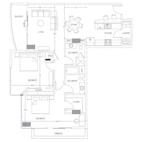 Floor plan for 2 beds, 2 baths, 1334 sqft